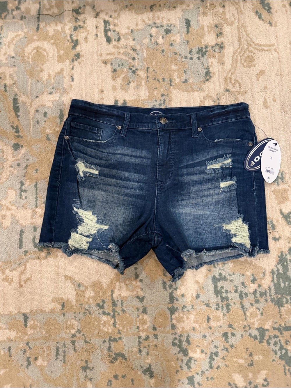 Women’s Dark Blue Distressed Denim Jean Shorts with Frayed Hem